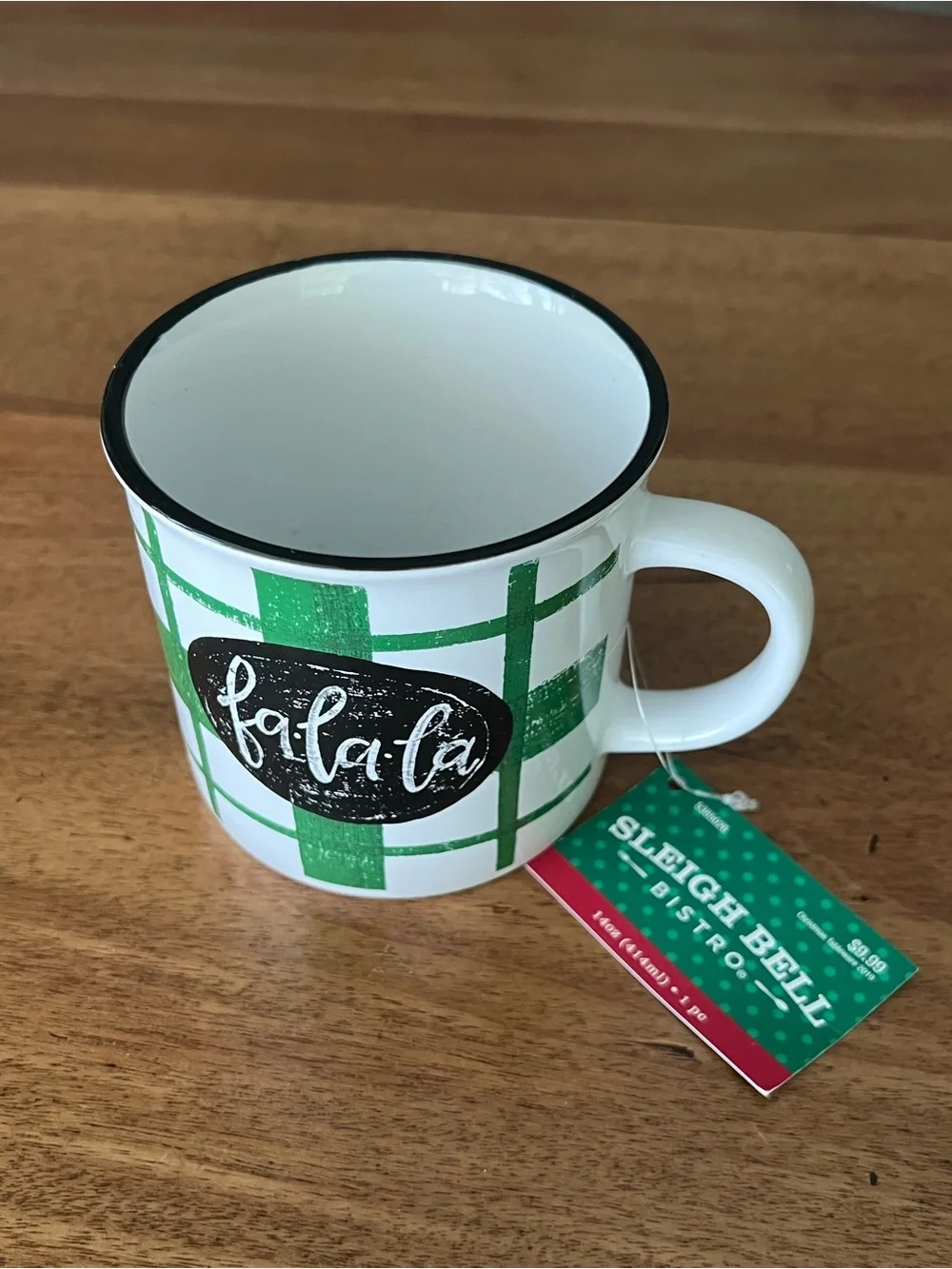 Festive 'fa-la-la' Plaid Ceramic Mug - Green & White new with tags 14oz